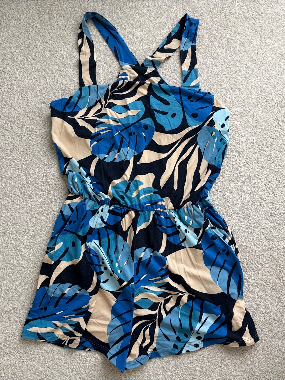Fighting Eel Blue Monstera-Print Romper - Size Small